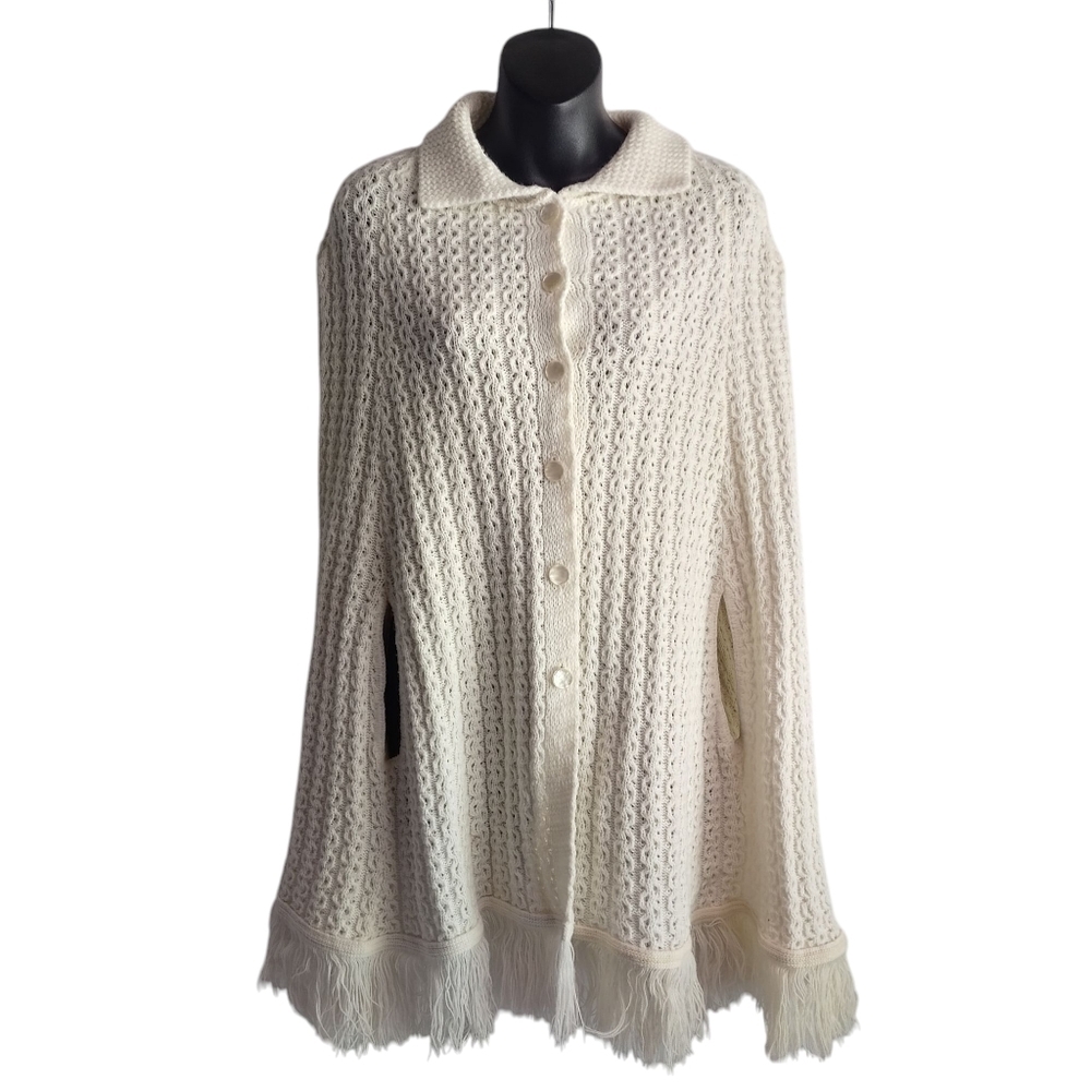 Ivory Knit Fringe Button-Front Poncho